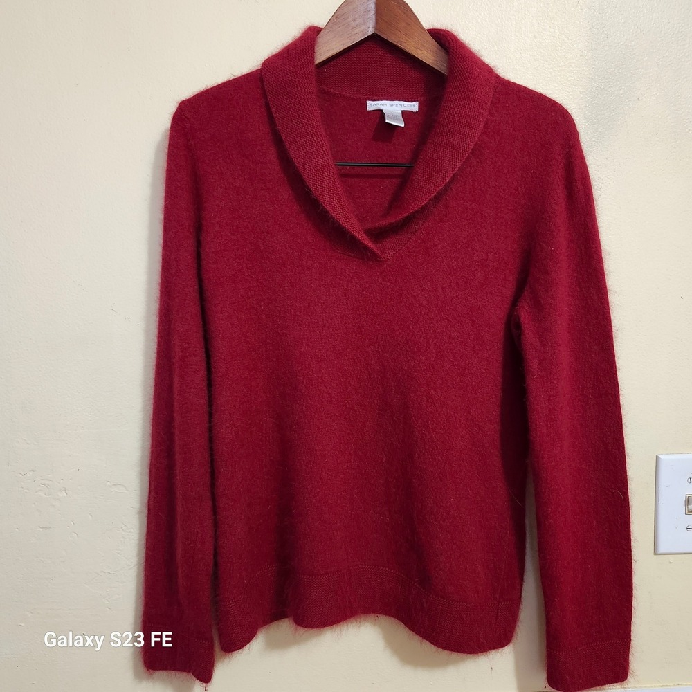 Vtg Red‎ Large Angora Sweater True Red Rabbit Hair Shawl Collar Sarah Spencer